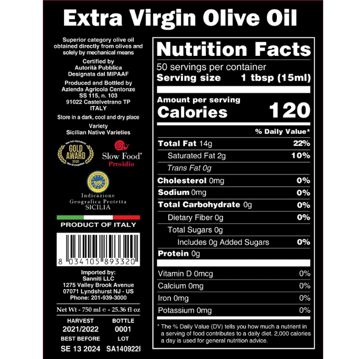 Centonze IGP Sicilian Organic Extra Virgin Olive Oil, 750 mL Oil & Vinegar Centonze 