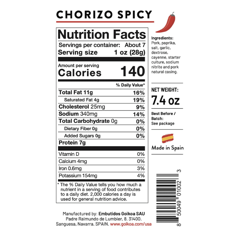Goikoa Hot Chorizo, 7.4 oz [Refrigerate After Opening] Meats Goikoa 