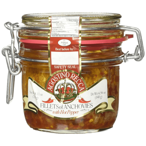 Agostino Recca Hot Anchovies Fillets in Olive Oil Jar, 8.1 oz Seafood Agostino Recca 