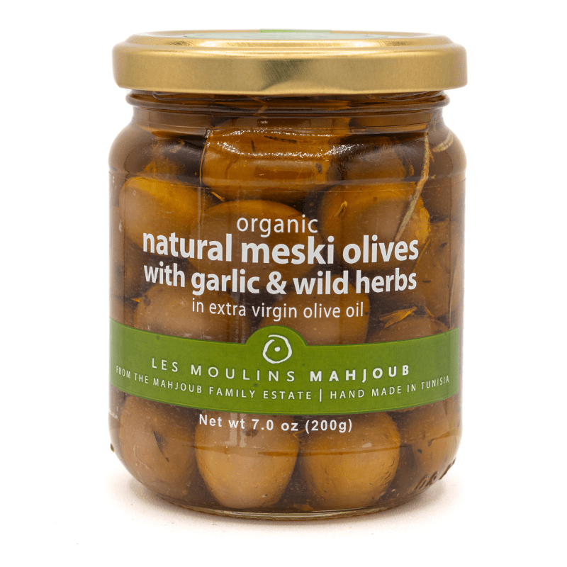Les Moulins Mahjoub Organic Natural Meski Olives with Garlic & Wild Herbs in Extra Virgin Olive Oil, 7 oz Olives & Capers Les Moulins Mahjoub 