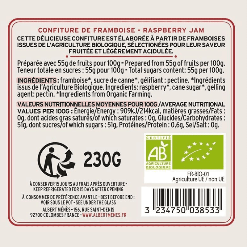 Albert Menes Organic Raspberry Extra Jam, 8.11 oz Pantry Albert Menes 