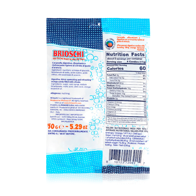 Brioschi Orange Effervescent Digestive Fizzy Candy Retail Bag, 5.29 oz Sweets & Snacks Brioschi 
