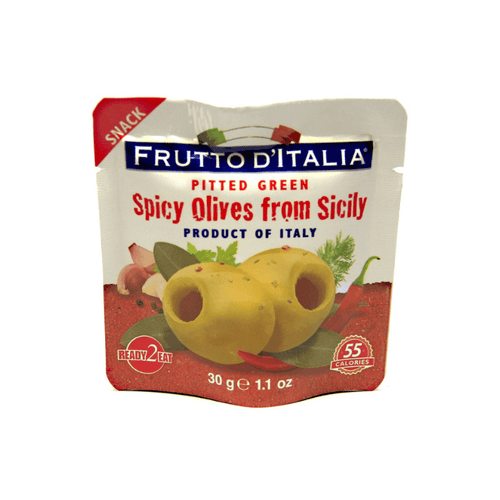 Frutto D’Italia Spicy Pitted Green Olives, 1.1 oz Olives & Capers Frutto D’Italia 