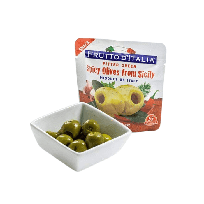 Frutto D’Italia Spicy Pitted Green Olives, 1.1 oz Olives & Capers Frutto D’Italia 