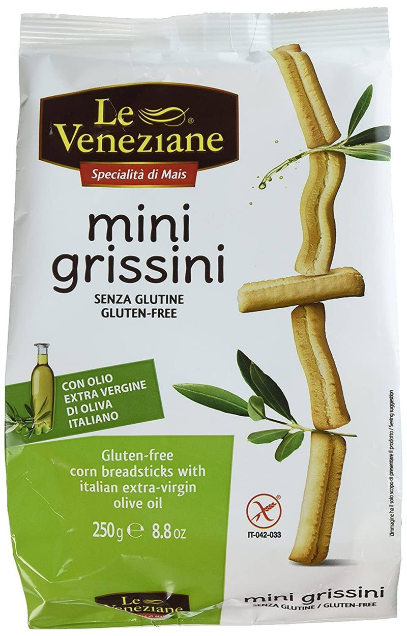 Le Veneziane Gluten-Free Mini Grissini are classic baked Italian breadsticks made with authentic extra virgin olive oil