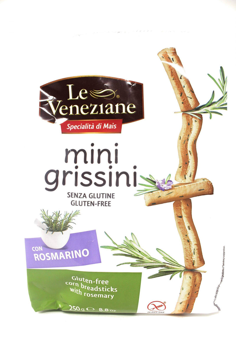 Le Veneziane Gluten-Free Mini Grissini are classic baked Italian breadsticks seasoned with rosemary