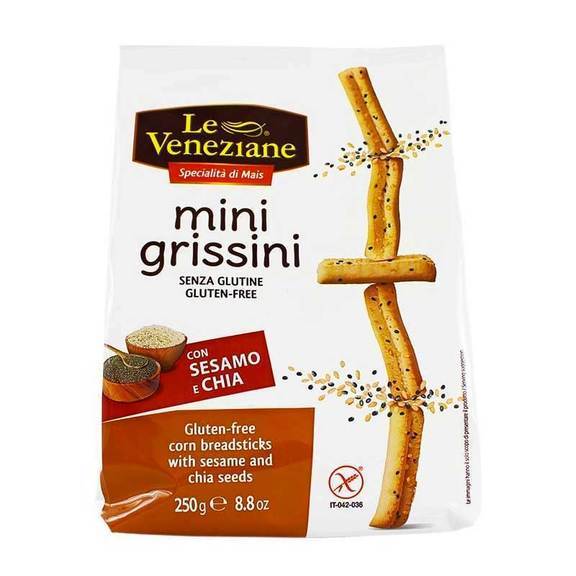 Le Veneziane Gluten-Free Mini Grissini are classic baked Italian breadsticks sprinkled with Sesame and Chia seeds