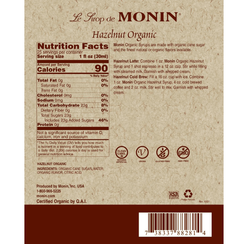 Monin Organic Hazelnut Syrup, 750mL | 25.4 oz Pantry Monin 