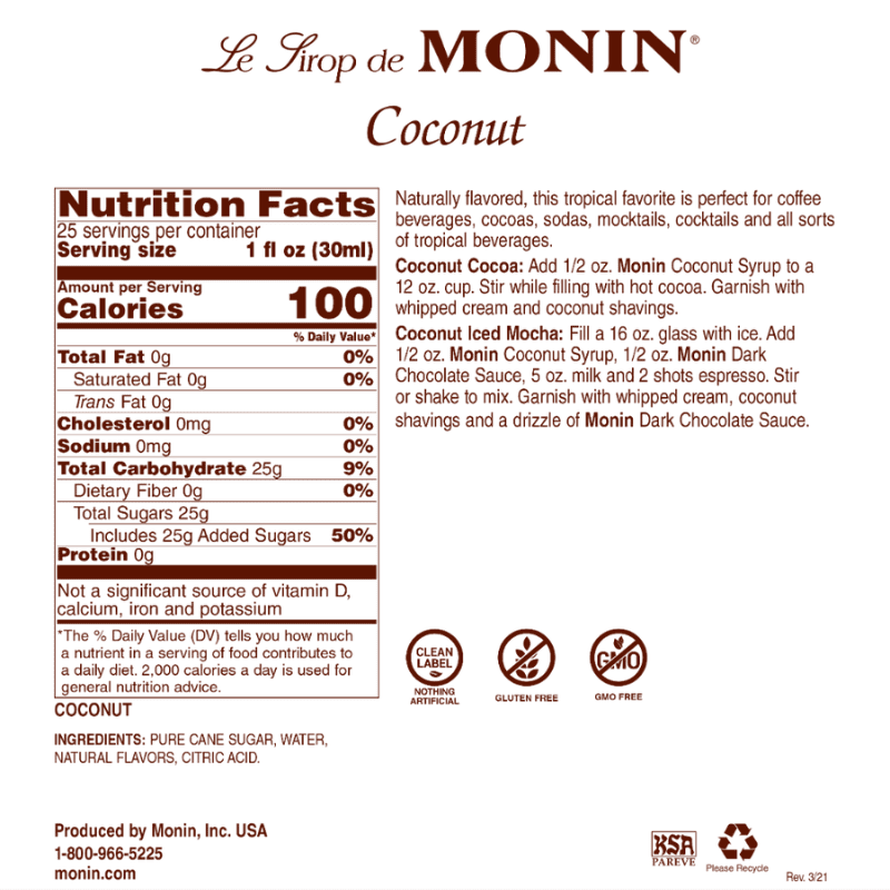 Monin Premium Gourmet Coconut Syrup, 25.4 oz | 750mL Coffee & Beverages Monin 