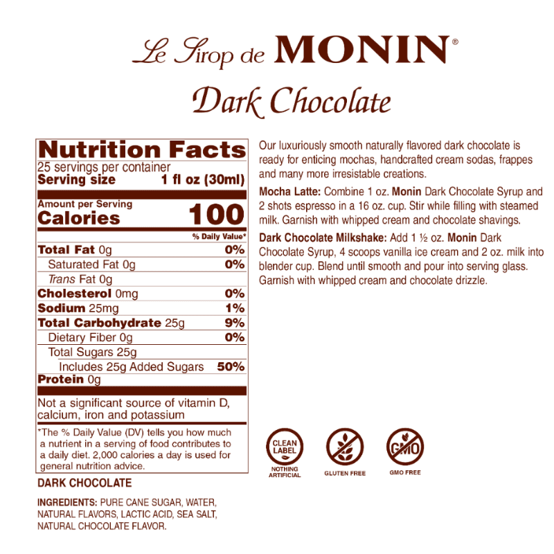 Monin Premium Gourmet Dark Chocolate Syrup, 25.4 oz | 750mL Coffee & Beverages Monin 