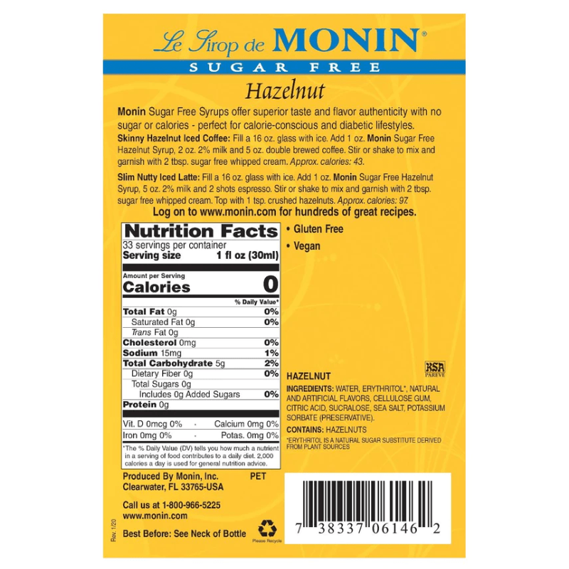 Monin Sugar Free Hazelnut Syrup, 33.8 oz | 1 Liter Beverages Monin 