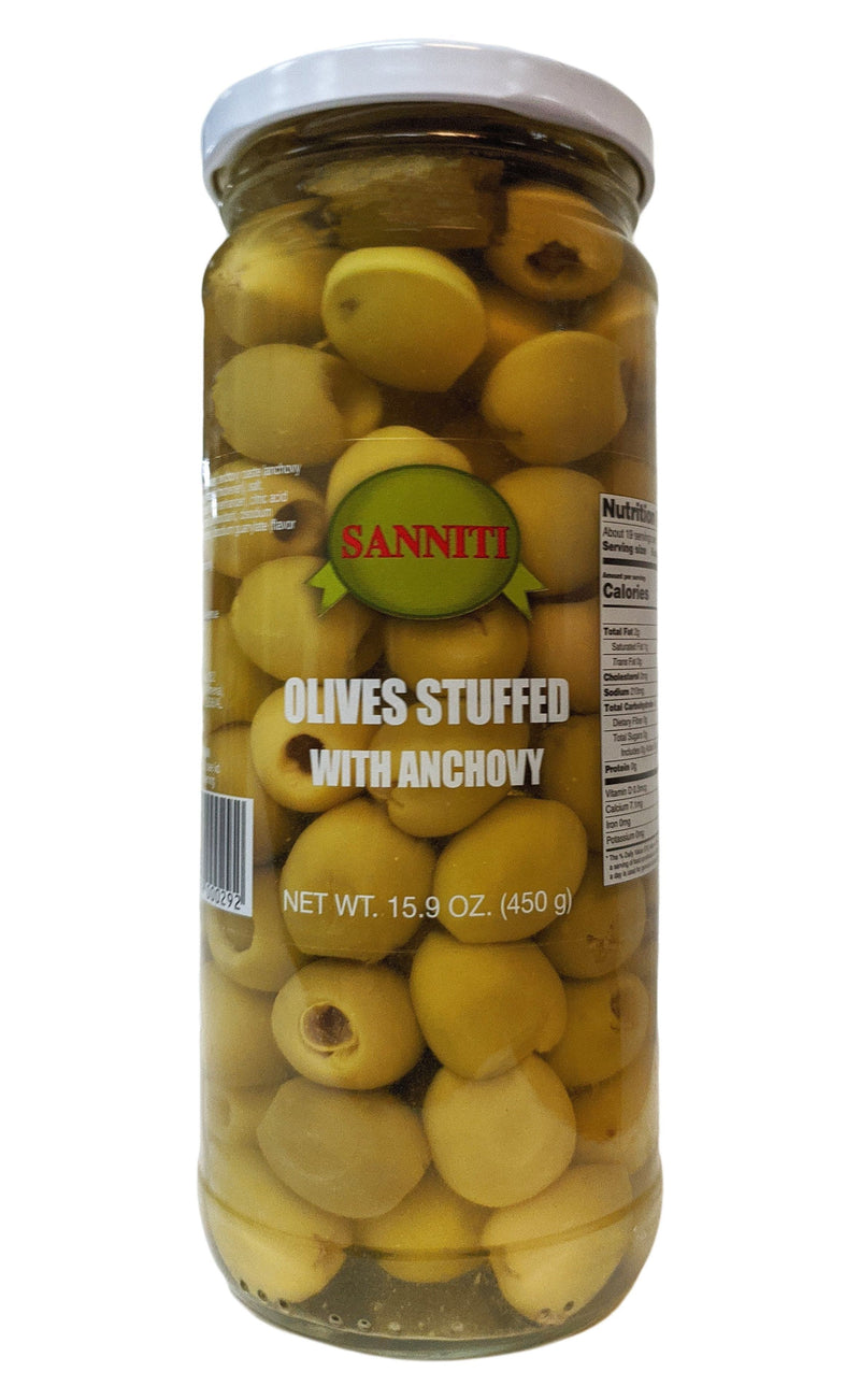 Pitted green olives stuffed with anchovy paste.