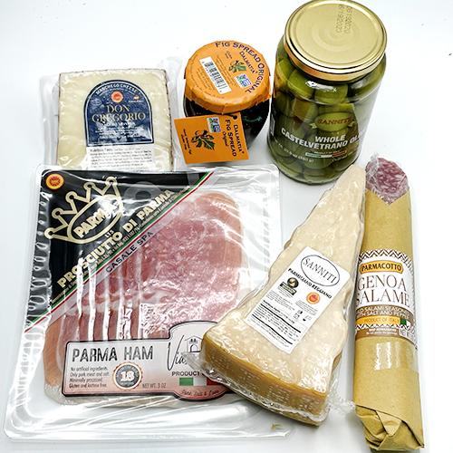 Supermarket Italy Charcuterie Bundle with parma ham, genoa salami, Italian cheese, castelvetrano olives, fruit jam