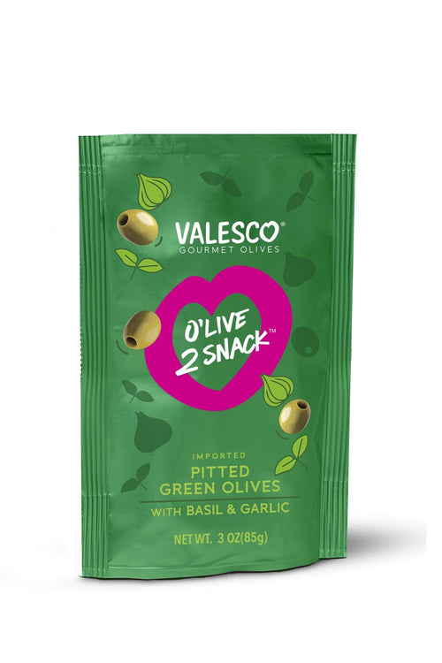 Valesco Basil & Garlic Pitted Green O'lives 2 Snack, 3 oz Olives & Capers Valesco 
