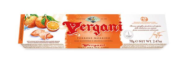 Vergani 01360 Soft Nougat Torrone with Almonds and Orange, 2.46 oz (70 g)